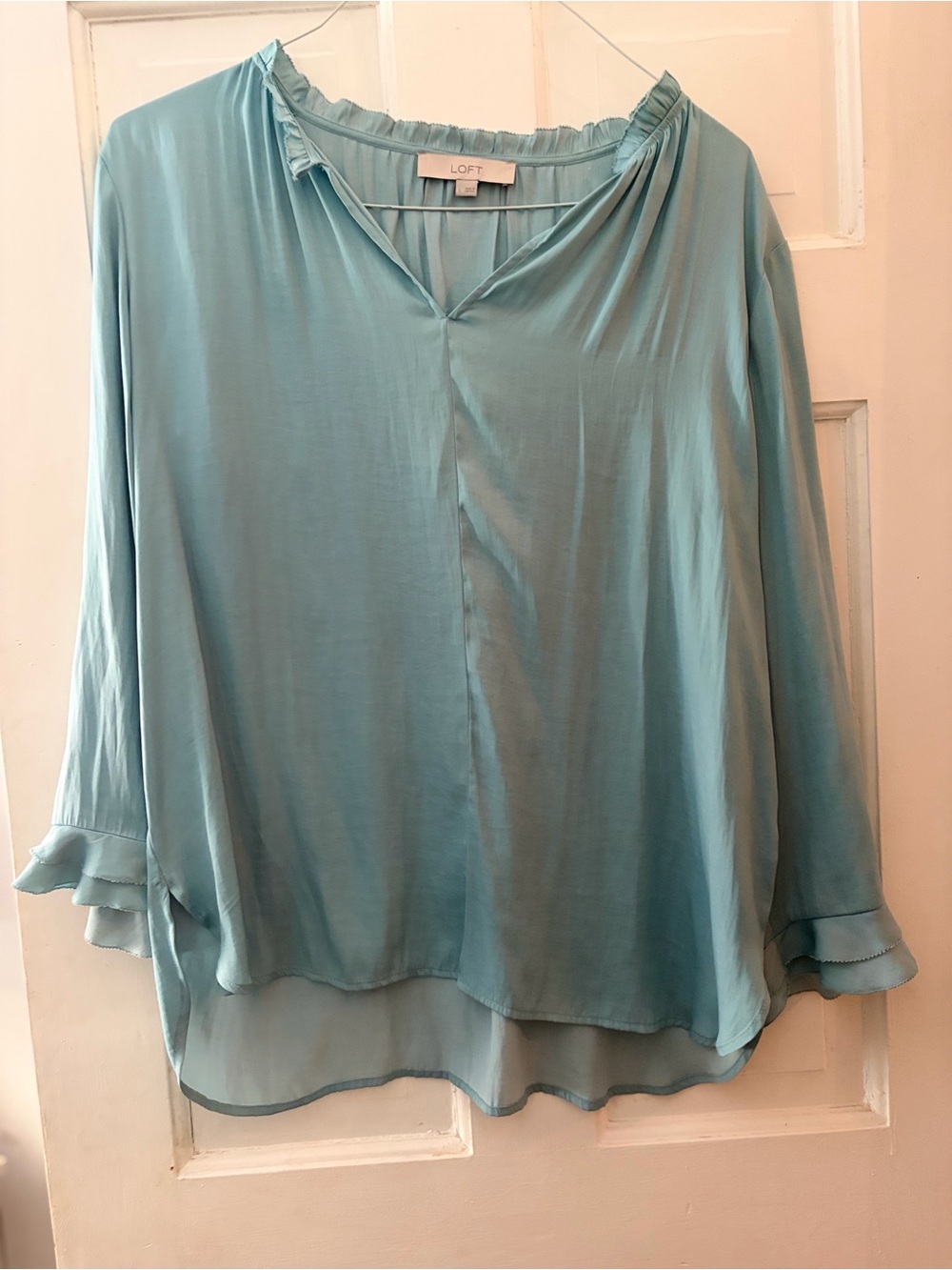 LOFT Light Teal Ruffled V-Neck Blouse